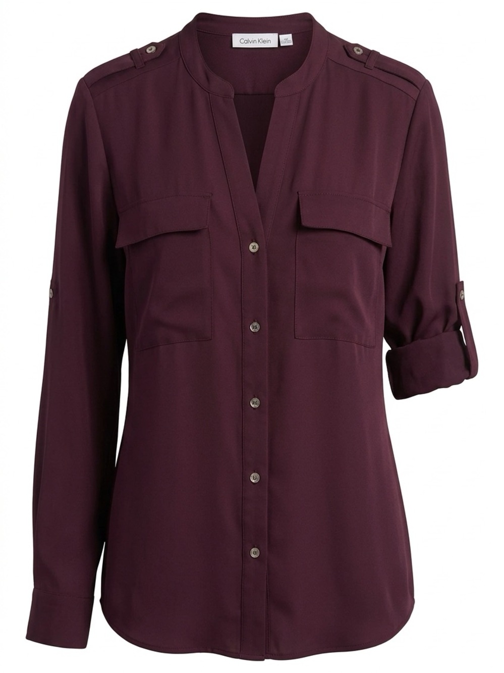 Calvin Klein Burgundy Utility Button Front Blouse Roll Tab Sleeve